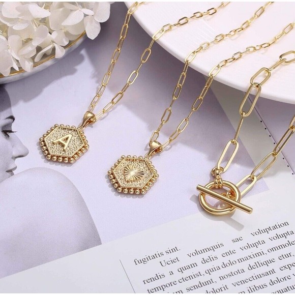 New In Box Initial "A" Medallion Pendant Layered Necklace 14k Gold-Plated Cute - Picture 5 of 7